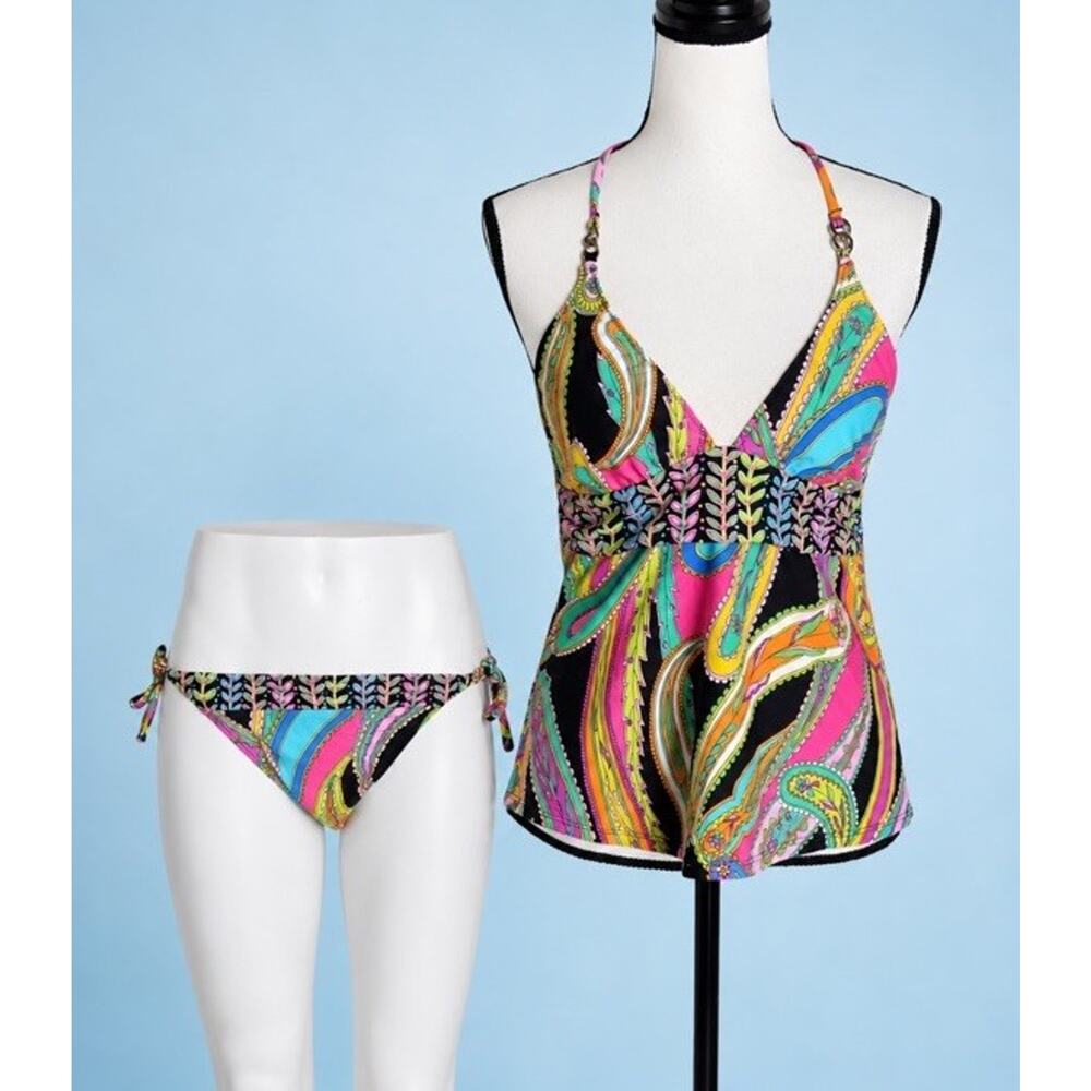 Trina Turk Tankini Sea Garden Paisley Black Multi String Bikini Bottom Sz 12 EUC - Picture 2 of 11